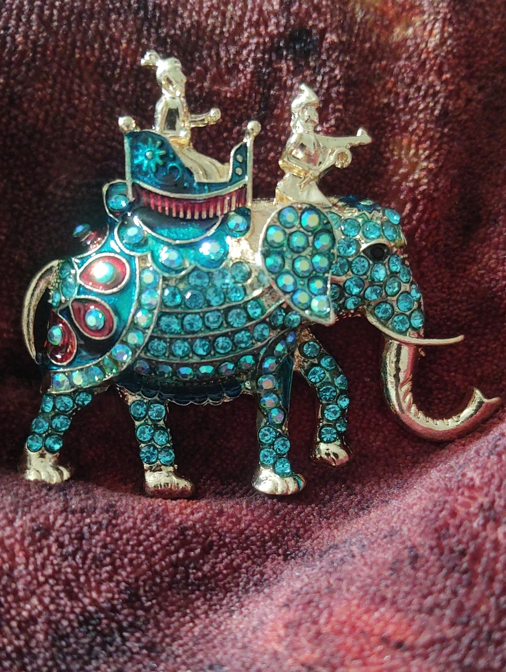 Teal Rhinestone Elephant Brooch